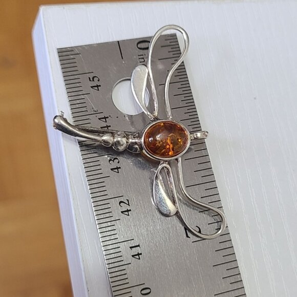 Vintage Sterling Silver Baltic Amber Gemstone Dragonfly Brooch Pendant - Picture 2 of 10